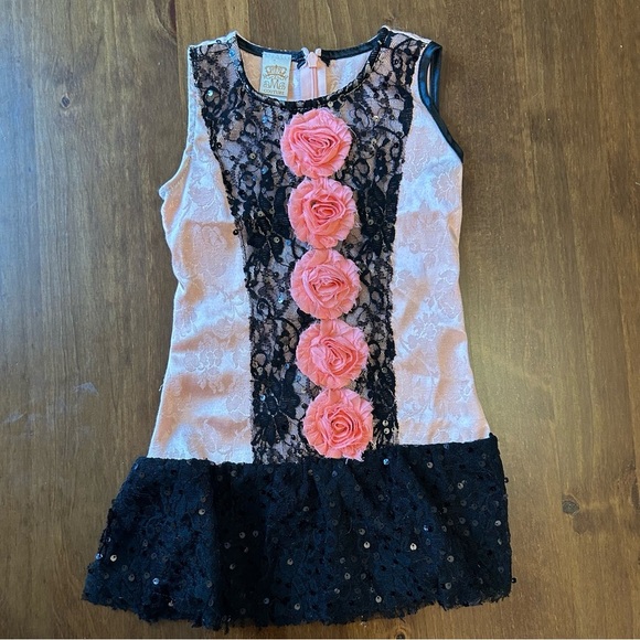 Mia Belle Baby Couture Dress 4T | Pink Jacquard, Black Lace, Rosette Detail 🇺🇸 - Picture 1 of 5